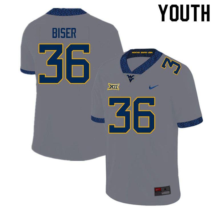 Youth #36 Caden Biser West Virginia Mountaineers College Football Jerseys Sale-Gray - Click Image to Close